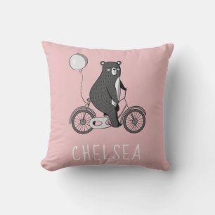 Scandinavian Bear on Bike Minimalist Pink Cushion