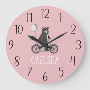 Scandinavian Bear on Bike Minimalist Pink Large Clock