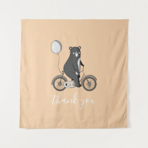 Scandinavian Bear on Bike Minimalist Thank You Tapestry