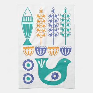 Scandinavian Bird, Fish and Flowers Tea Towel