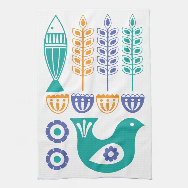 Scandinavian Bird, Fish and Flowers Tea Towel (Vertical)