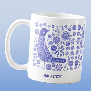 Scandinavian Bird Personalised Name Blue and White Coffee Mug