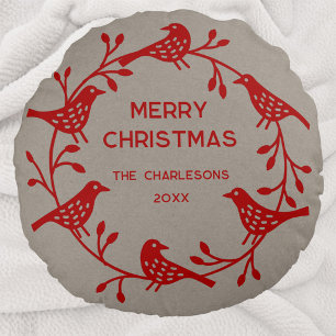 Scandinavian Bird Wreath Personalised Christmas Round Cushion
