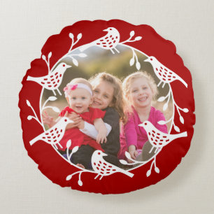 Scandinavian Birds and Rosehips Wreath Photo Round Cushion