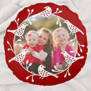 Scandinavian Birds and Rosehips Wreath Photo Round Cushion
