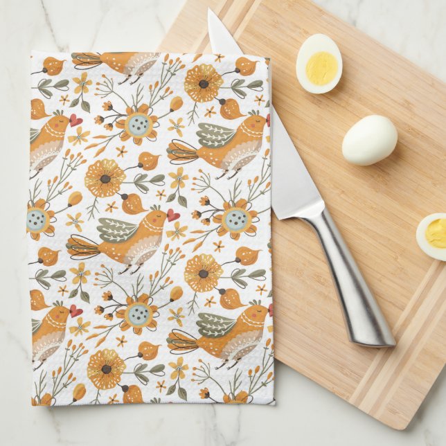 Scandinavian Birds Orange Tea Towel (Quarter Fold)