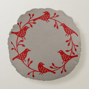 Scandinavian Birds with Rosehips Wreath Round Cushion