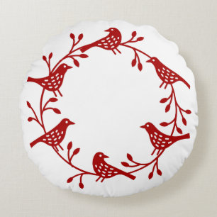 Scandinavian Birds with Rosehips Wreath Round Cushion