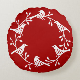 Scandinavian Birds with Rosehips Wreath Round Cushion