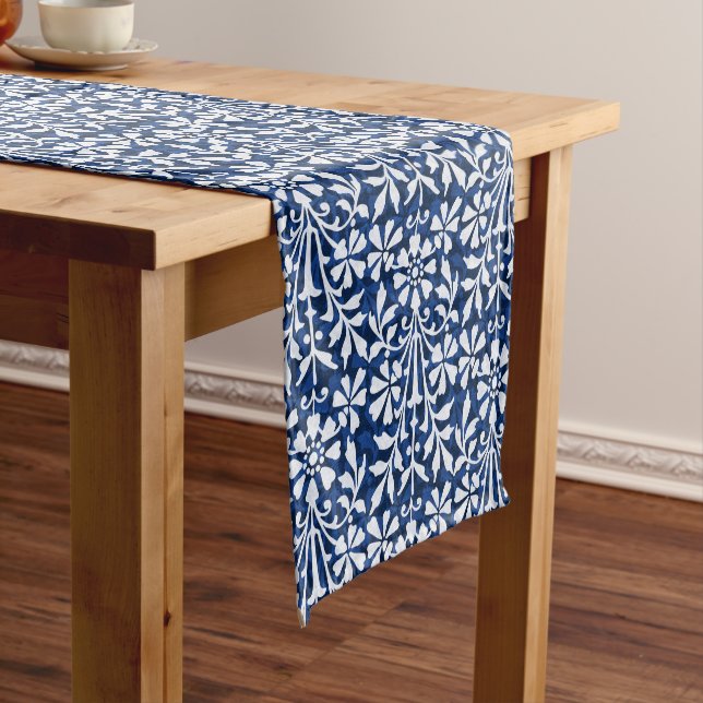 Scandinavian Blue and White Folk Art Floral Short Table Runner (In Situ)