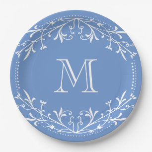 Scandinavian Blue and White Stylish Monogram Paper Plate
