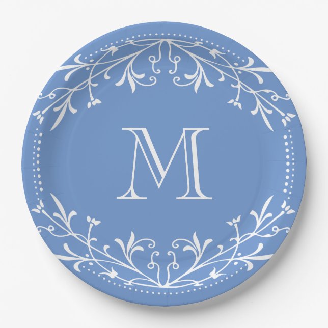 Scandinavian Blue and White Stylish Monogram Paper Plate (Front)