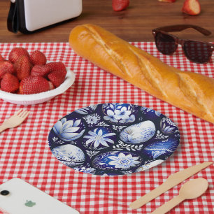 Scandinavian Blue Easter Egg Spring Floral Paper Plate