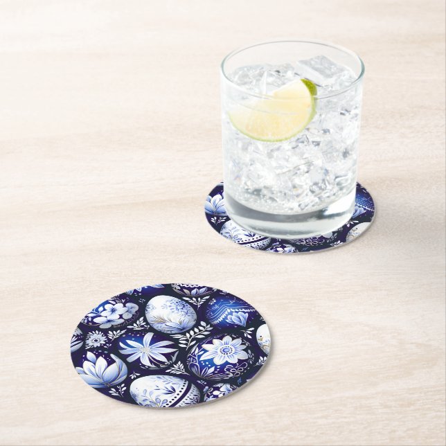 Scandinavian Blue Easter Egg Spring Floral Round Paper Coaster (Insitu)