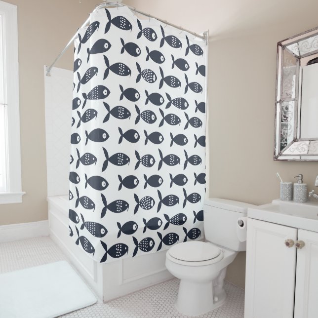 Scandinavian Blue fish Shower Curtain (In Situ)