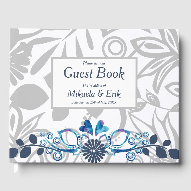 Scandinavian Blue Grey Floral Pattern Guest Book (Front)