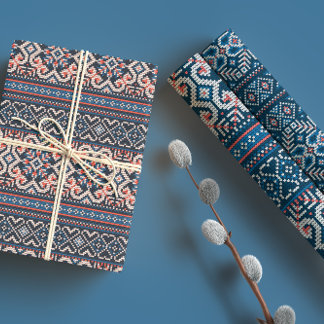 Scandinavian Blue & Peach Winter Sweater Pattern Wrapping Paper Sheet