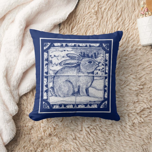Scandinavian Blue Rabbit Winter Snow Dedham Tile  Cushion (Blanket)