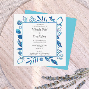 Scandinavian Blue Turquoise Flowers Leaves Hearts Invitation