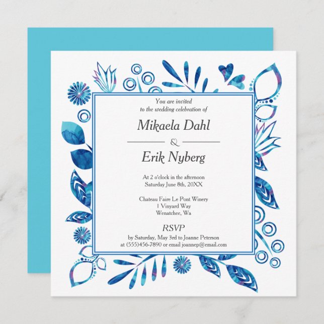 Scandinavian Blue Turquoise Flowers Leaves Hearts Invitation (Front/Back)