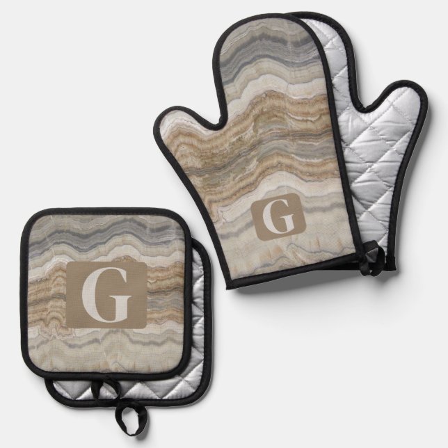 Scandinavian Brown Grey Marble Initial Monogram Oven Mitt & Pot Holder Set (Front/Back)
