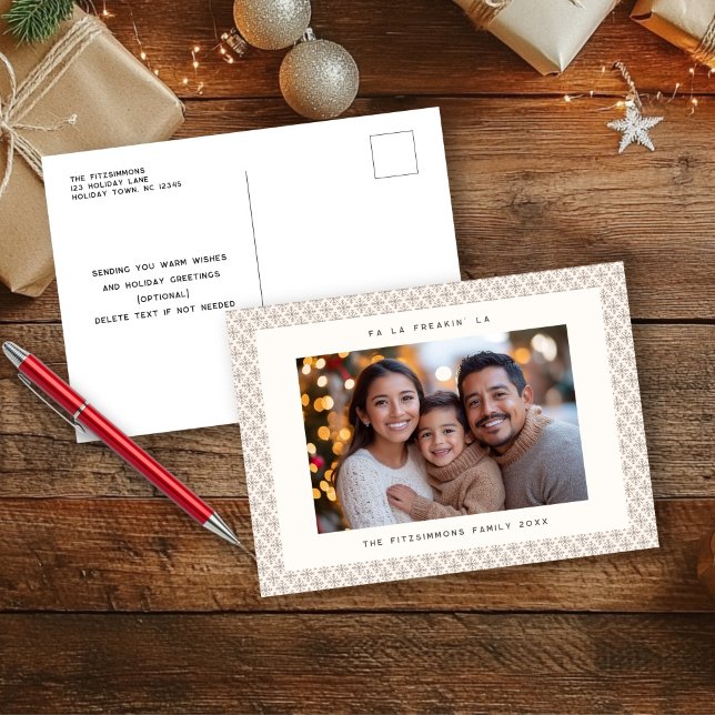 Scandinavian Brown & White Photo Holiday Postcard (Neutral Snowflake Modern Christmas Postcard brown)
