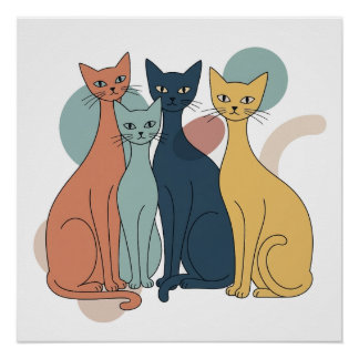 Scandinavian Cat Wall Art, Mid-Century Modern Cats Poster