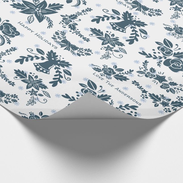 Scandinavian Christmas Folk Art Floral Blue White Wrapping Paper (Corner)