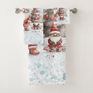 Scandinavian Christmas Gnome Red Berries Bath Towel Set