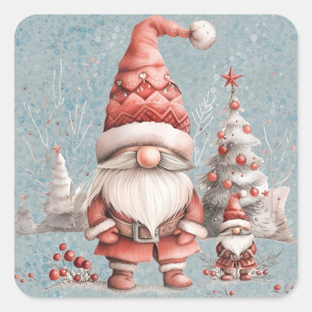 Scandinavian Christmas Gnome Red Berries Square Sticker (Front)