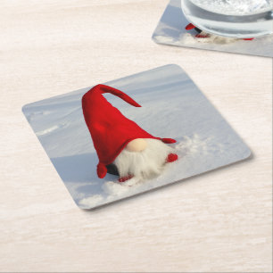 Scandinavian Christmas Gnome Square Paper Coaster