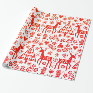 SCANDINAVIAN CHRISTMAS PATTERN RED AND WHITE  WRAPPING PAPER