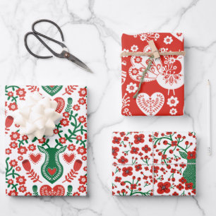Scandinavian Christmas Pattern w Antlers & Birds Wrapping Paper Sheet