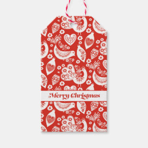 Scandinavian Christmas Pattern w Flowers and Birds Gift Tags