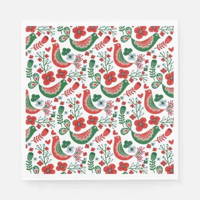 Scandinavian Christmas Pattern w Flowers and Birds Napkin (Front)