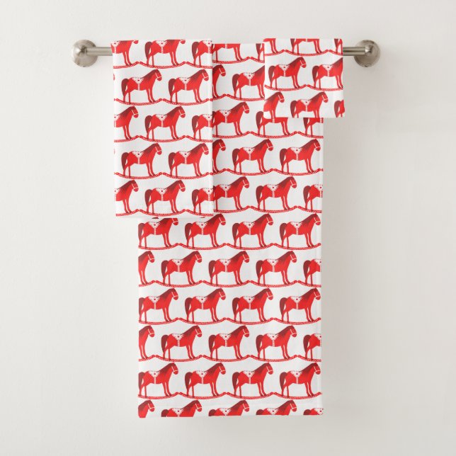 Scandinavian Christmas Rocking Horse Patterned Bath Towel Set (Insitu)