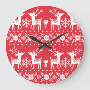 Scandinavian Christmas: Snowflakes & Deer Large Clock