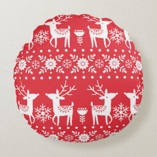 Scandinavian Christmas: Snowflakes & Deer Round Cushion