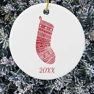 Scandinavian Christmas Stocking Year Red White Ceramic Tree Decoration
