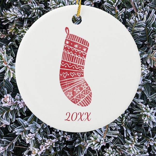 Scandinavian Christmas Stocking Year Red White Ceramic Tree Decoration (Scandinavian Christmas stocking red and white 20XX year date ornament)