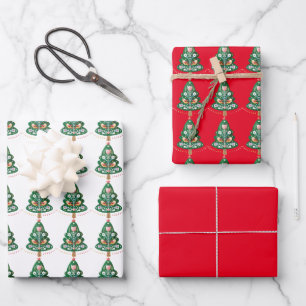 Scandinavian Christmas Tree Folk Art  Wrapping Paper Sheet