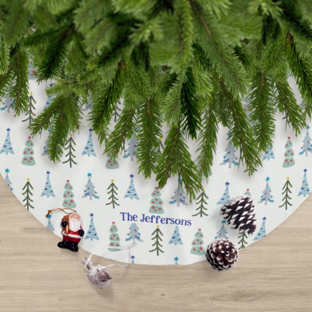 Scandinavian Christmas trees doodle Brushed Polyester Tree Skirt (Custom elegant Scandinavian Christmas tree skirt with your name)