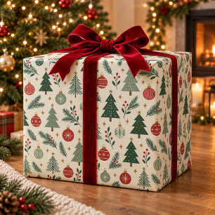 Scandinavian Christmas Trees & Vintage Ornaments Wrapping Paper