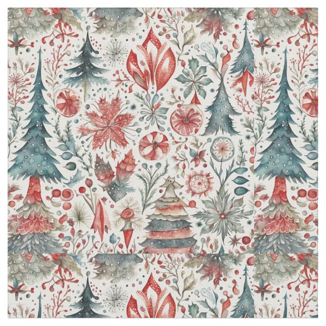 Scandinavian Christmas whimsical pattern design  Fabric (Close Up)