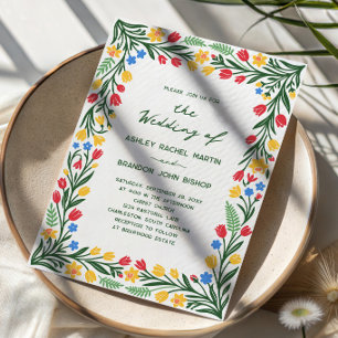 Scandinavian Colourful Wildflower Folk Art Wedding Invitation