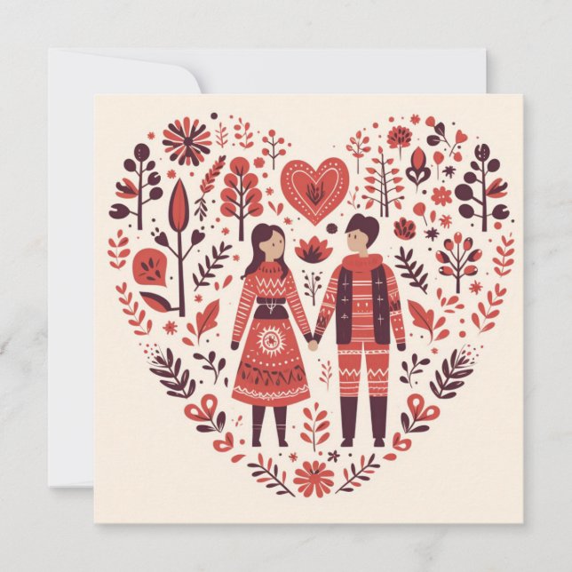 Scandinavian Couple Heart Valentines  Holiday Card (Front)