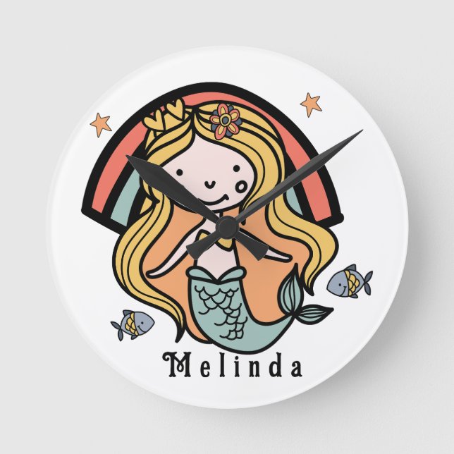 Scandinavian Cute Mermaid Personalised Girl   Round Clock (Front)