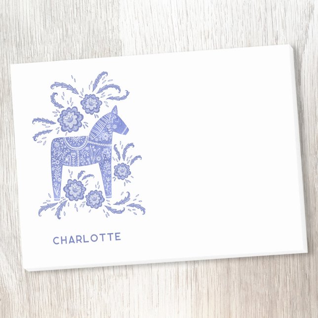 Scandinavian Dala Horse Blue Personalised Post-it Notes (Creator Uploaded)