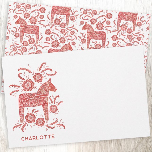 Scandinavian Dala Horse Red Personalised Stationery (Red and white Swedish Dala Horse personalized custom name stationery)