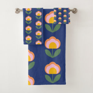 Scandinavian Danish Folk Flower Pattern in Blue Bath Towel Set